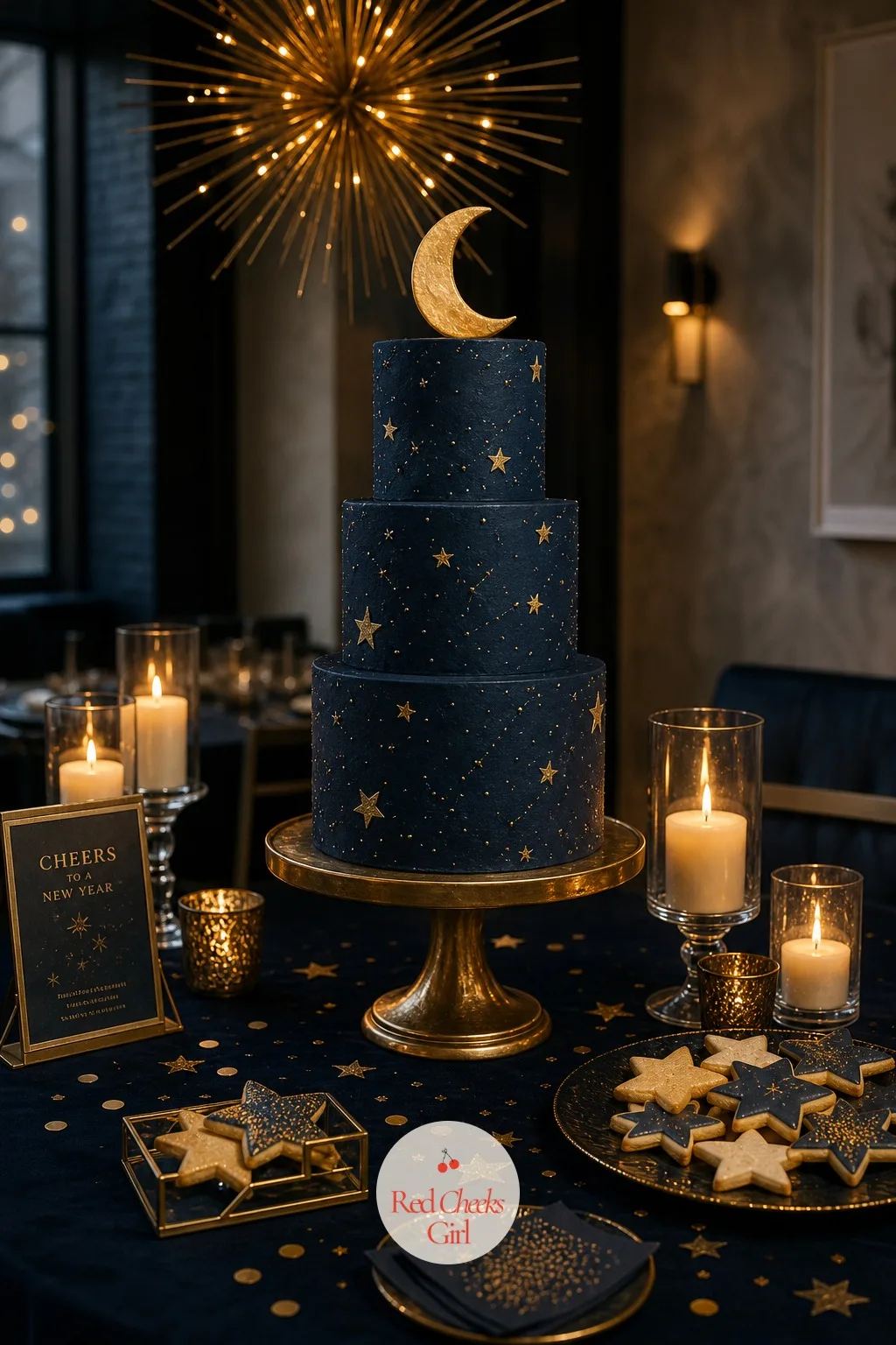 The Midnight Cake with Gold Stars and a Crescent Moon — A plain white cake looks like a mistake on this table, sitting under a gold starburst next to navy