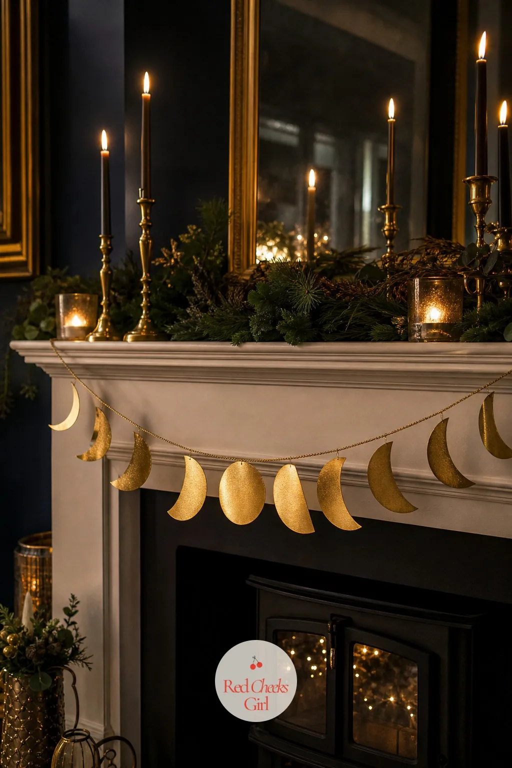 The Moon Phase Garland Along the Mantel — A bare mantel reads as unfinished the moment the rest of the room is dressed up, and this fixes it without a single