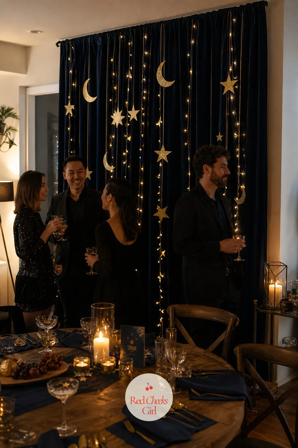 The Star and Moon Velvet Curtain Backdrop — She will say there is no wall big enough and no reason to drape the whole living room for one night. Celestial