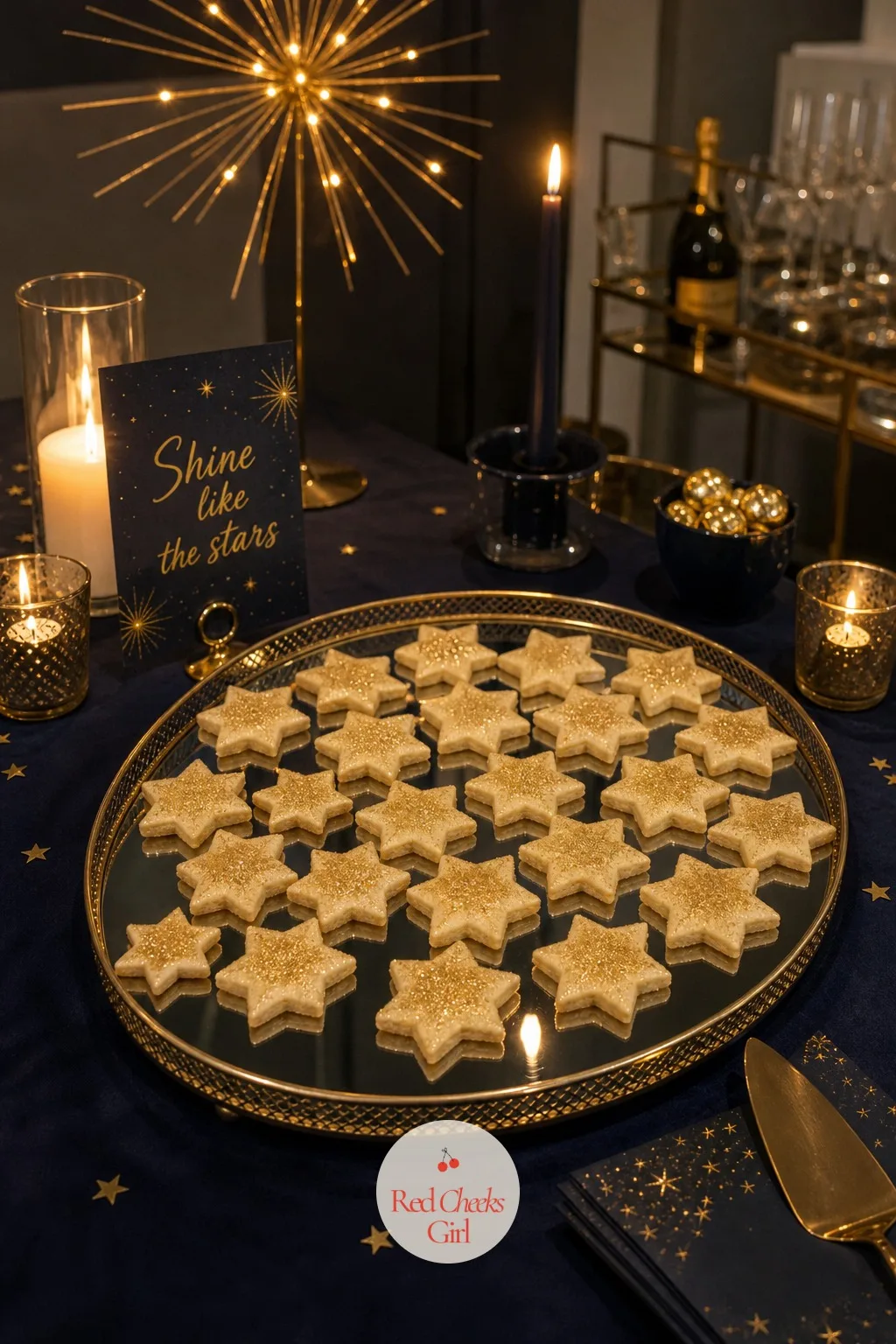 Star-Shaped Shortbread on a Mirrored Tray — A dessert table needs something small guests can pick up without a fork, and this fills that gap without breaking