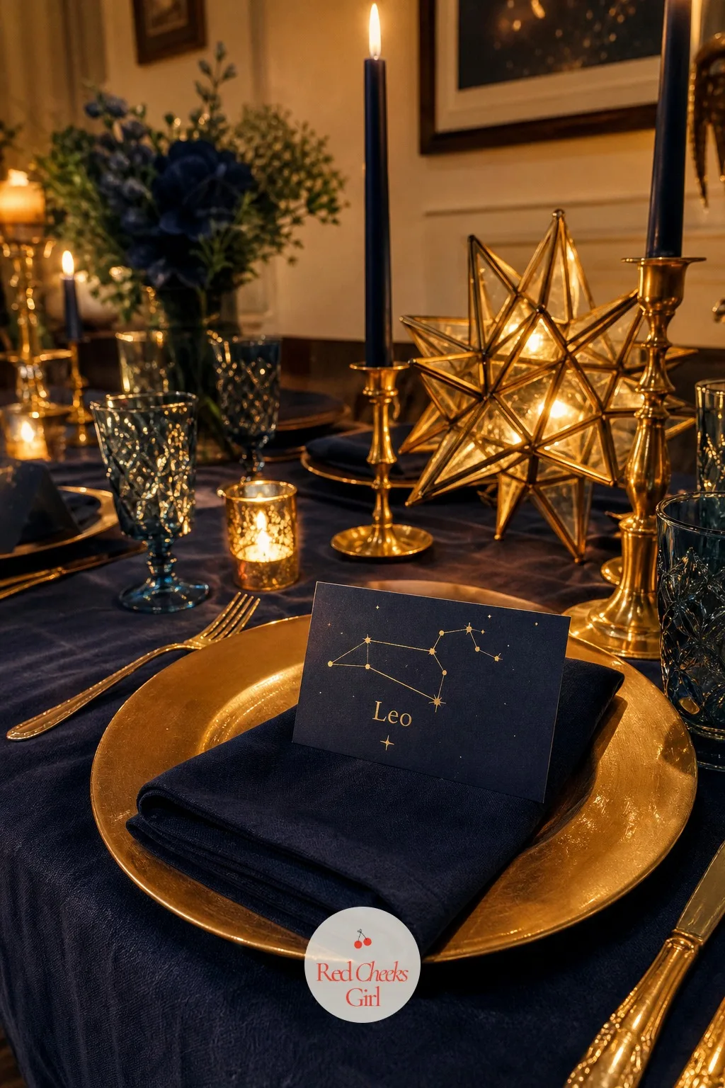 Zodiac Place Cards at Every Setting — A plain name card feels like an afterthought on a table dressed this carefully, and guests notice the gap. Celestial