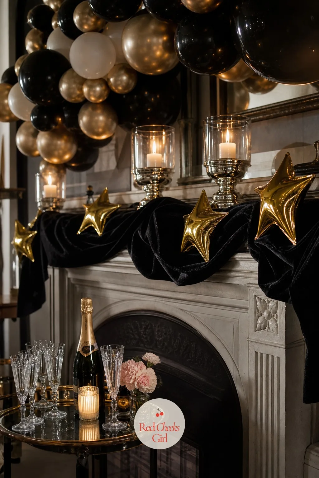 A Black Velvet Swag Along The Mantel — The balloon wall gives the room its sparkle; this gives it its black. Champagne party