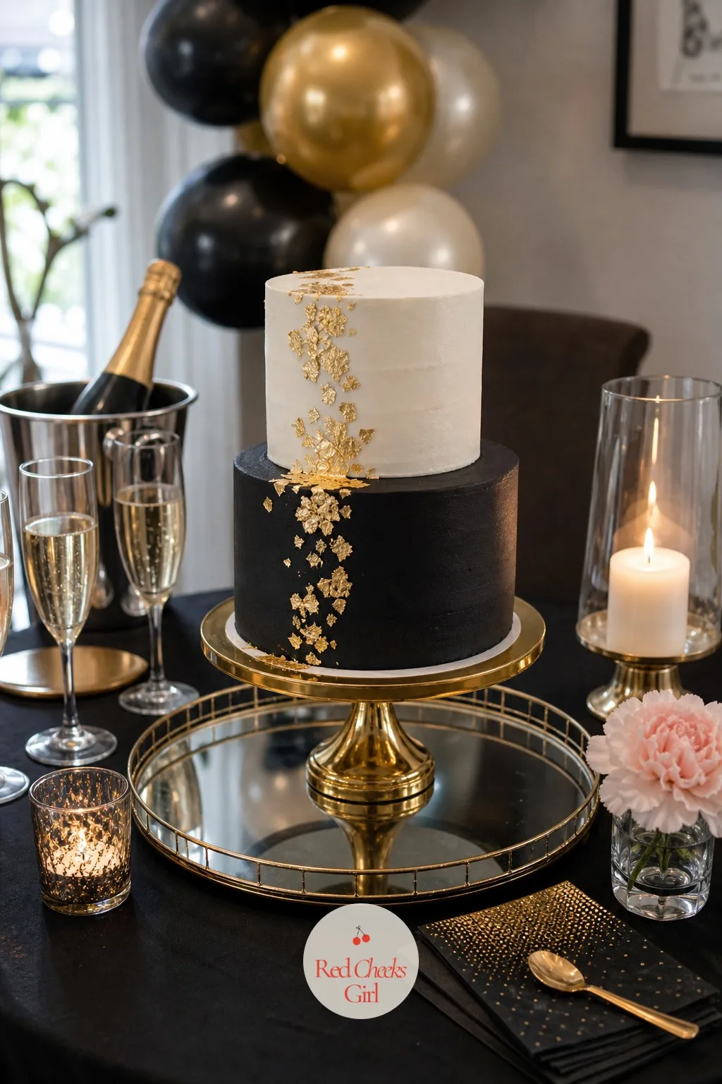 A Black And White Cake With Gold Leaf — The centerpiece of the dessert table should look like it is mid pour too. Champagne party