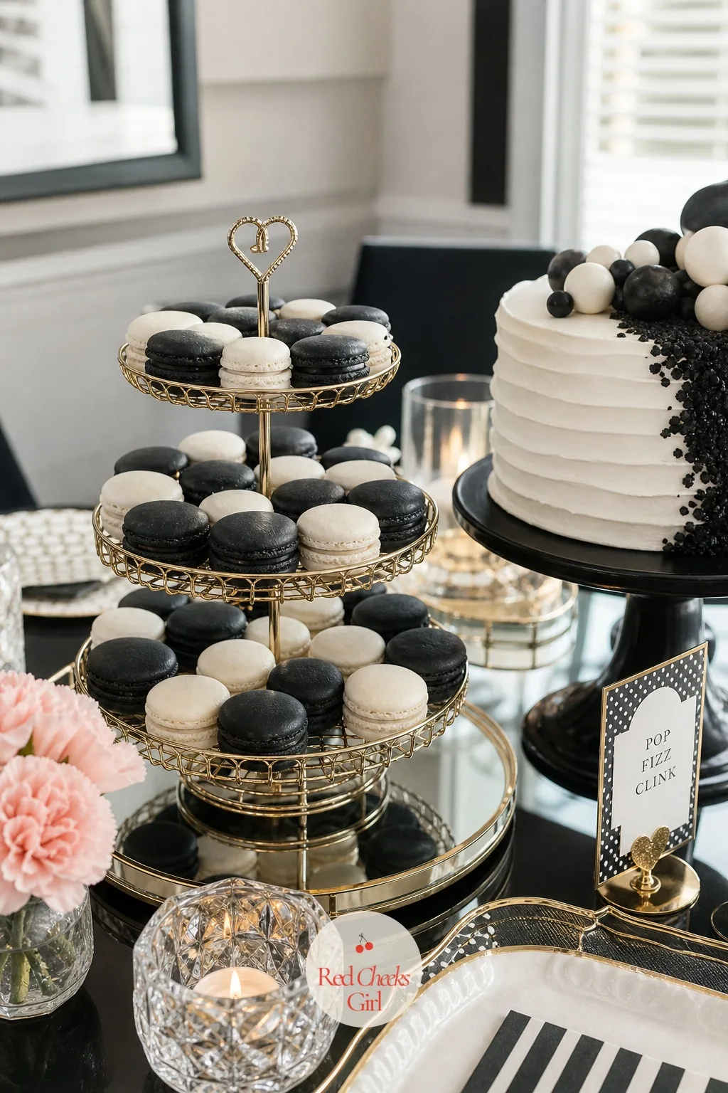 Black And White Macarons On A Tiered Stand — Beside the cake, something small enough to eat in one bite while holding a glass in the other hand. Champagne party