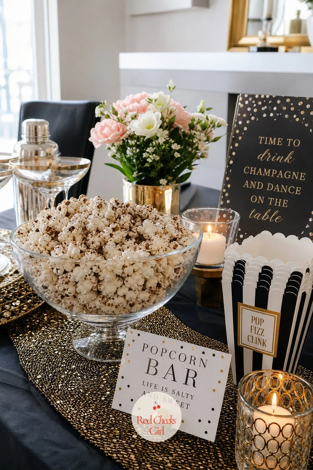 A Black And White Popcorn Bar — Not every snack on this table needs to be precious. Champagne party