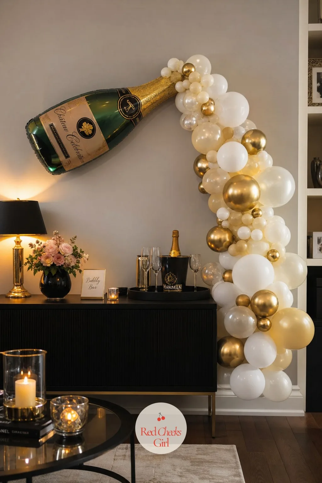 The Champagne Bottle Balloon Wall — Walk in and the first thing anyone sees should be a bottle mid pour on the wall, frozen at the exact moment the bubbles