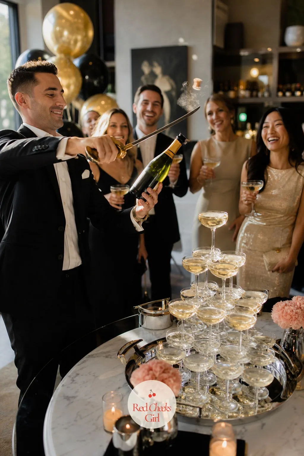 The Champagne Saber Moment — Before the coupe tower gets its first pour, give it a proper opening. Champagne party