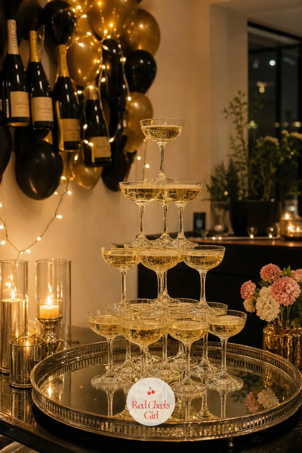 The Filled Coupe Tower — She will say a tower feels like too much work for a living room party. Champagne party