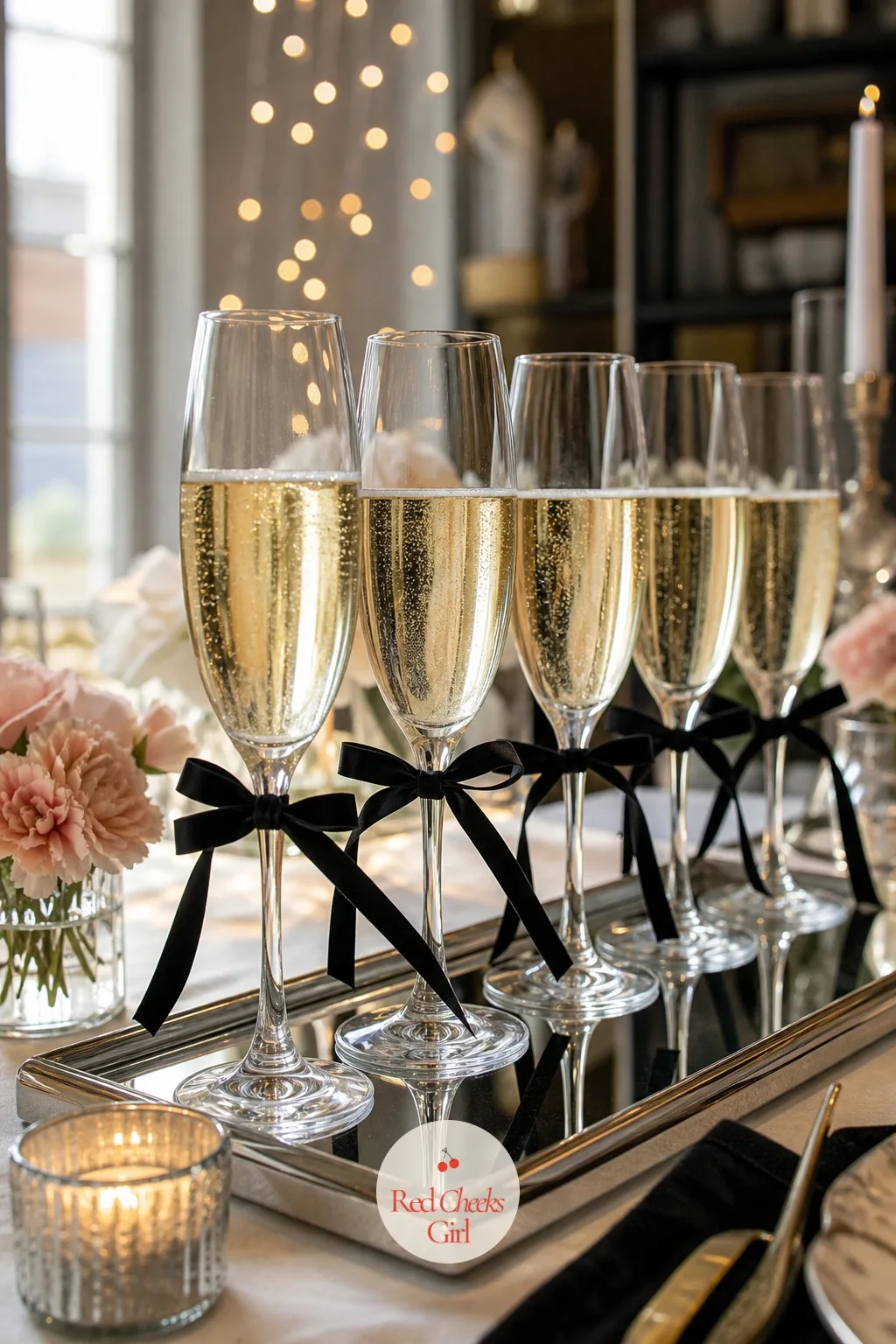 Flutes With Narrow Black Velvet Bows — Plain flutes look fine, but tied like this they look like they belong to this exact party and no other. Champagne party
