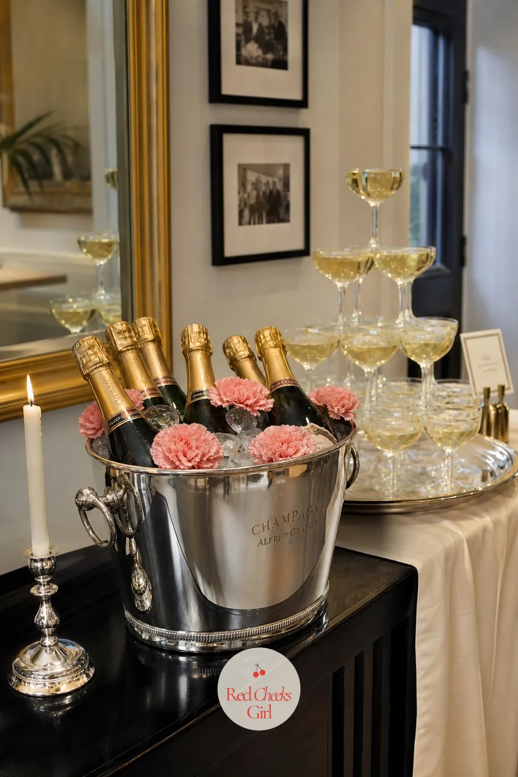 The Ice Bucket Packed With Pink Carnations — Next to the tower, something softer: a silver or galvanized bucket packed to the rim with ice, bottles pushed in