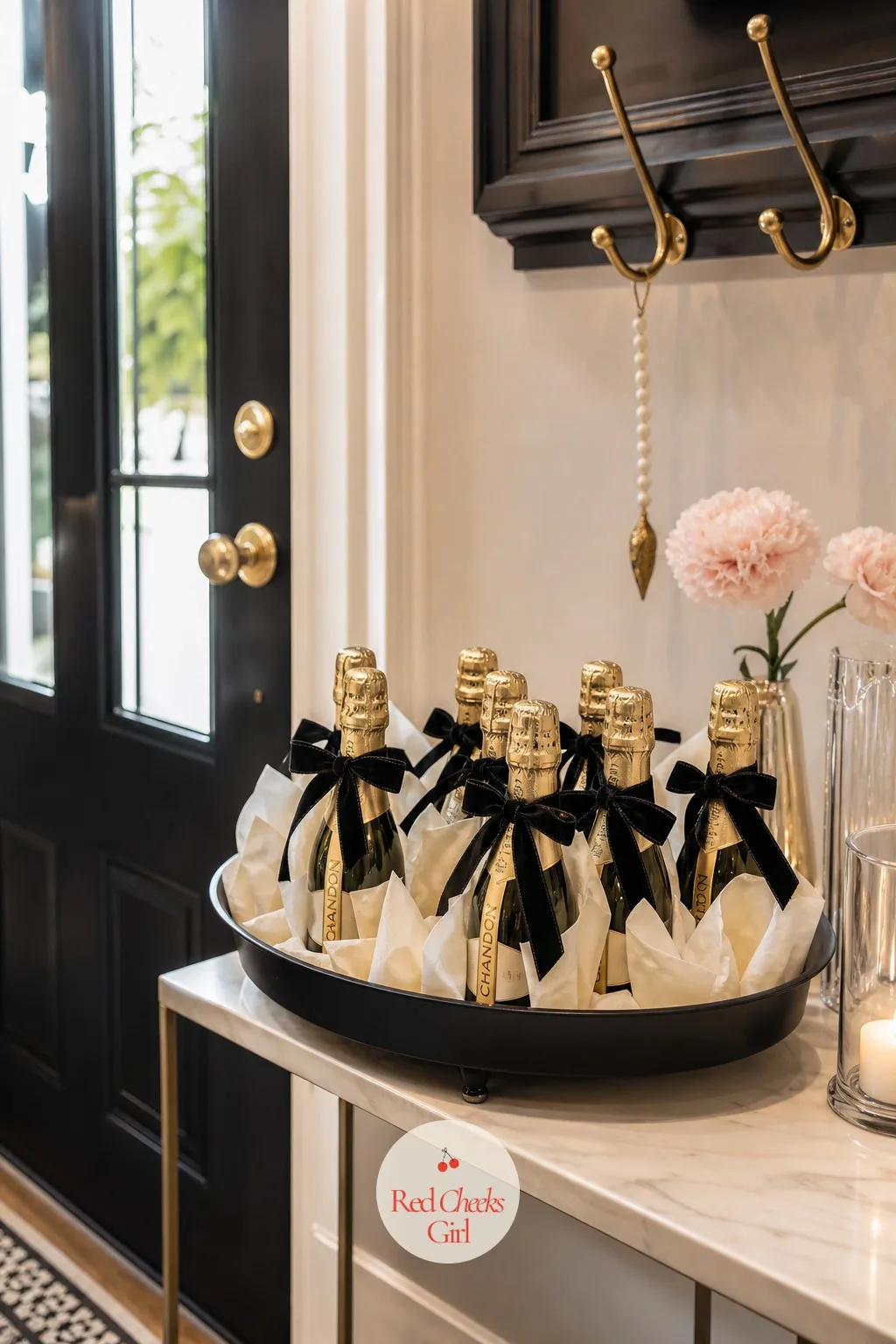Mini Bottles As Favors By The Door — Nobody wants to leave a party like this empty handed. Champagne party