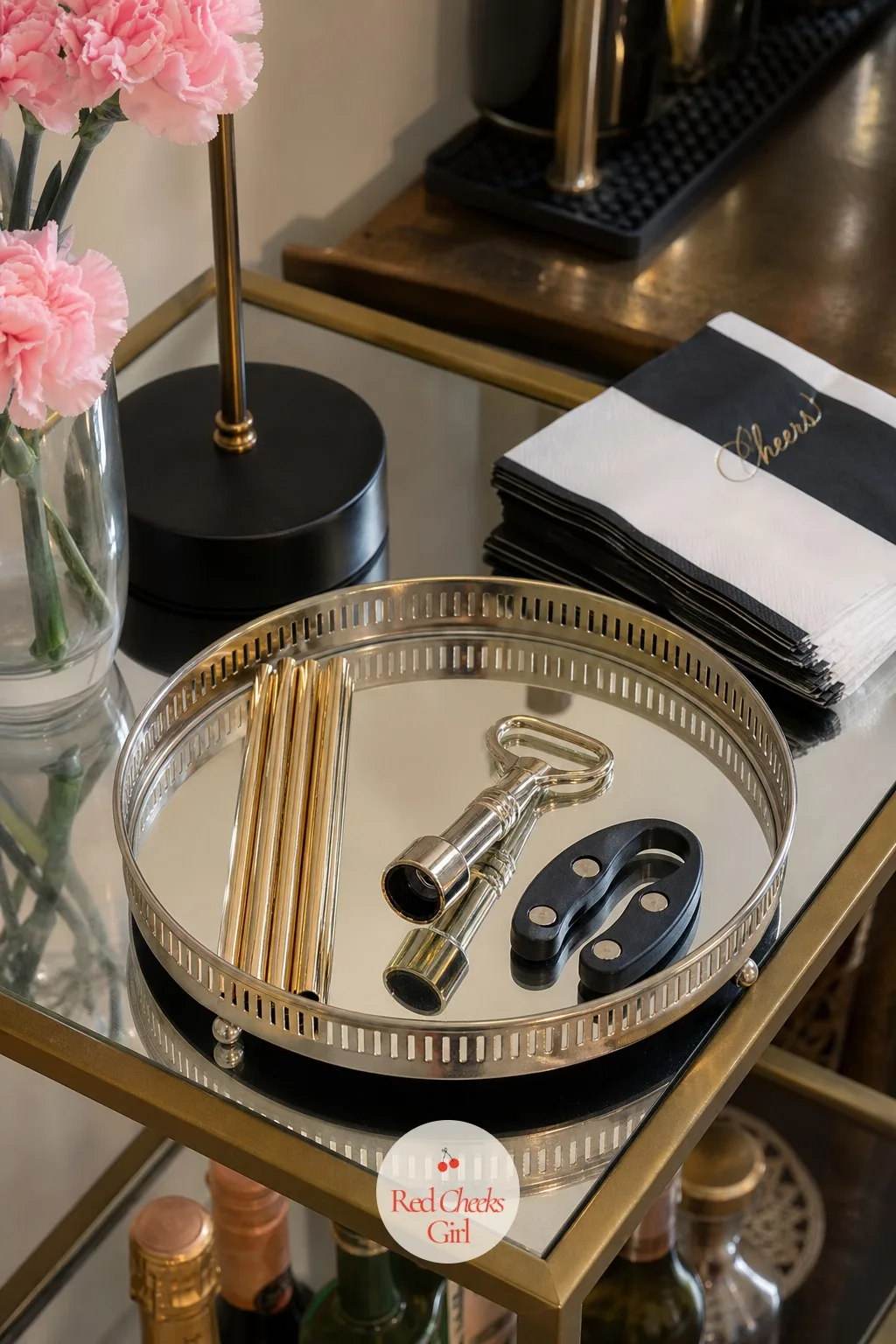 The Mirrored Bar Tray For Tools — Somewhere on that same console, the opener and the foil cutter need a home that is not just loose on the tablecloth.