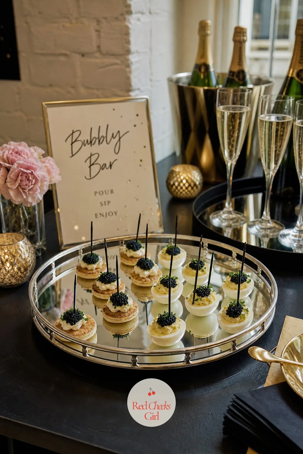 A Mirrored Tray Of Mini Savory Bites — Sweets alone will not carry a whole evening of champagne. Champagne party