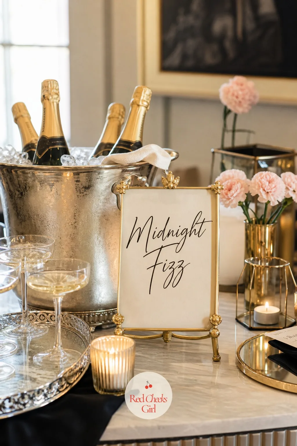 The Signature Pour Sign — A party with no sign is still a lovely party, but a small gold easel sign in front of the ice bucket, naming the night's pour in