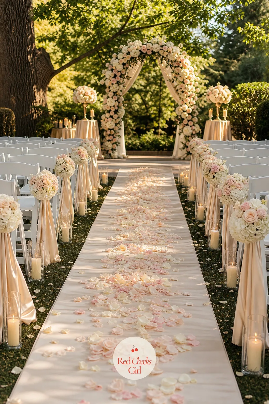 Aisle Lined with Champagne Rose Petals — A bare aisle runner looks unfinished the second guests start walking down it. Champagne wedding