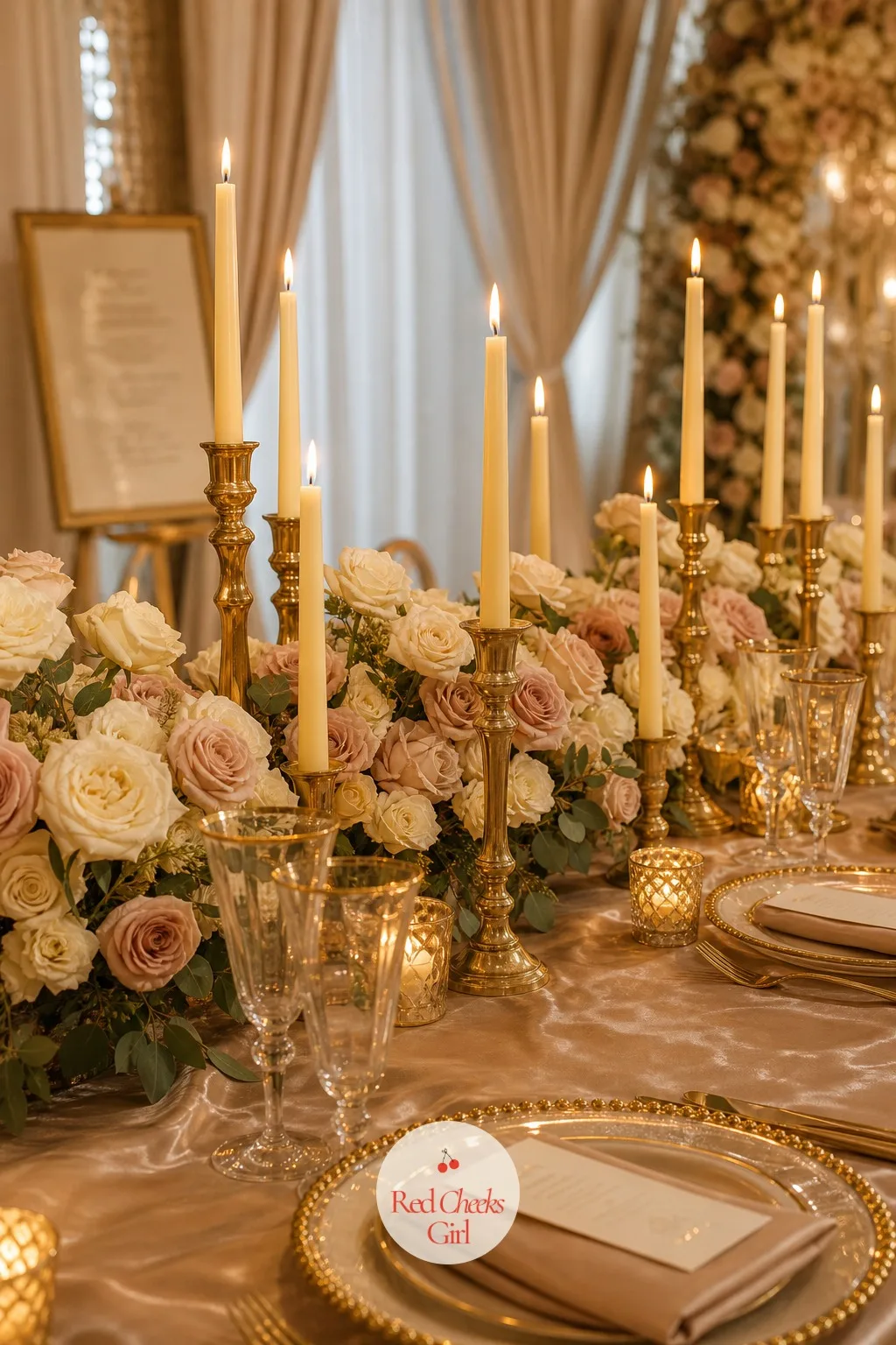 Candles in Gold Holders Down the Table — A table lit only by overhead lighting looks flat no matter how good the florals are. Champagne wedding