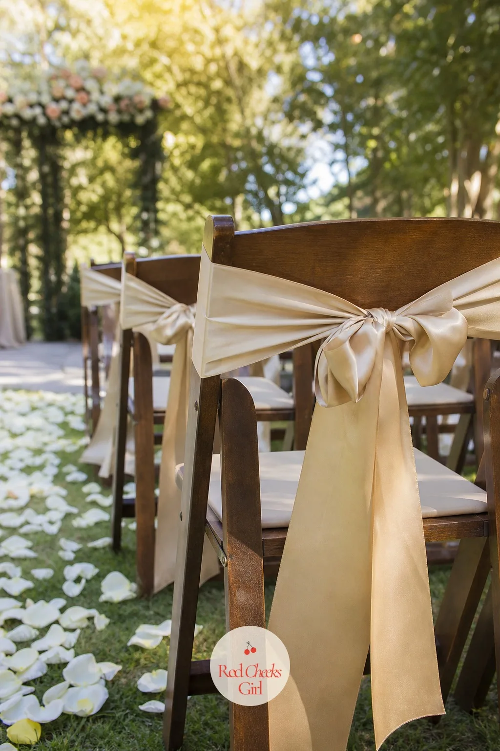 Ceremony Chairs Tied with Champagne Satin Ribbon — Rows of plain folding chairs make a ceremony look borrowed rather than planned. Champagne wedding