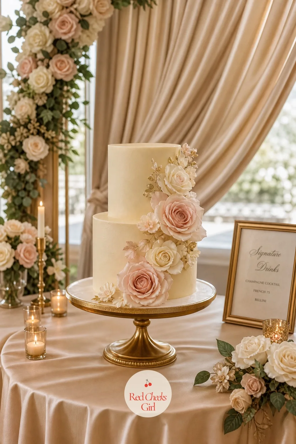 Champagne Cake with Sugar Flowers — A plain white tiered cake disappears against champagne linen instead of standing out from it. Champagne wedding