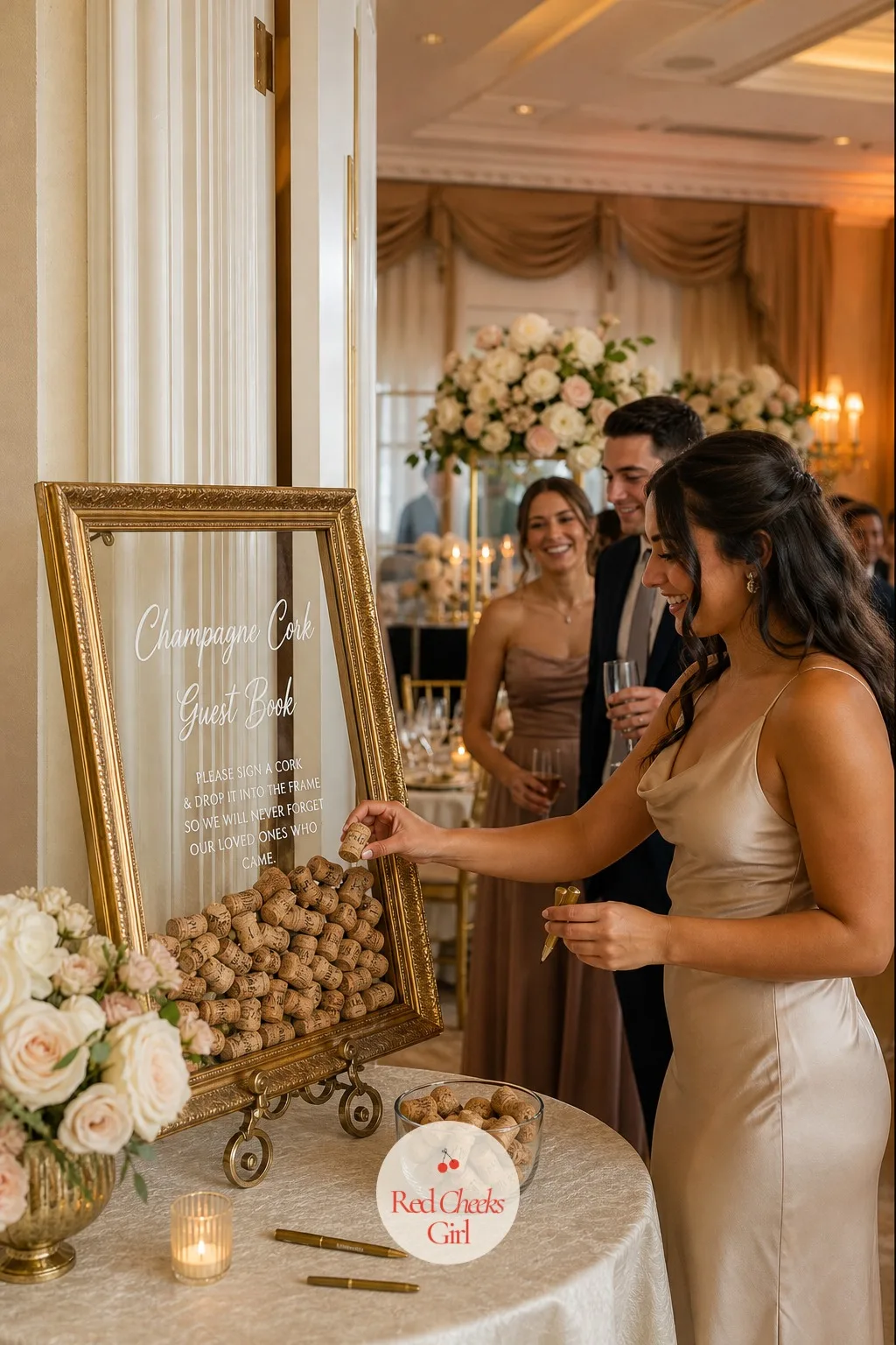 A Champagne Cork Guest Book — A traditional signed book sits closed in a drawer within a year, and most guests never open it again after the wedding. Champagne