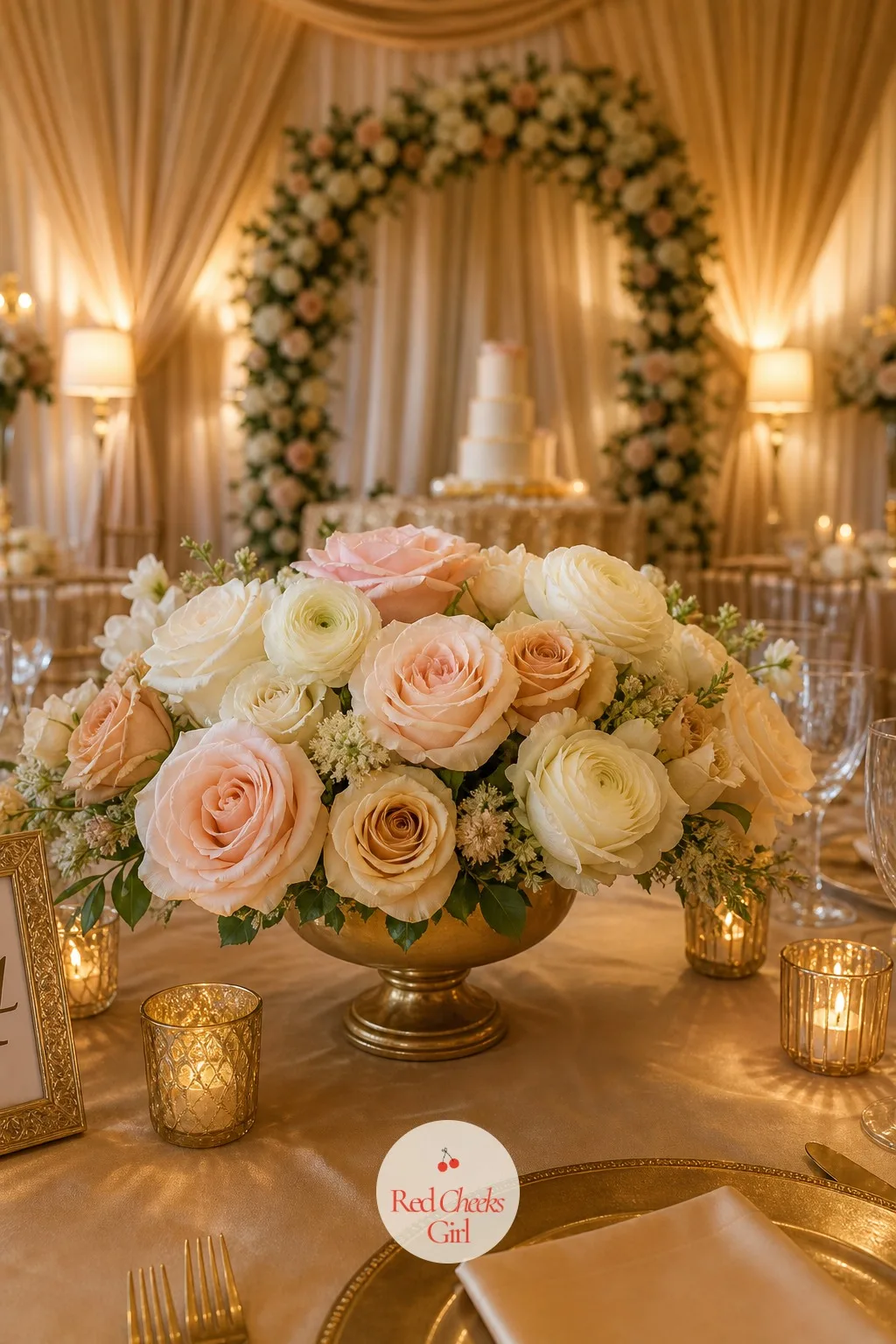 Champagne and Garden Rose Centerpieces — A tall, tight centrepiece blocks conversation across the table all night, which nobody enjoys however pretty it looks