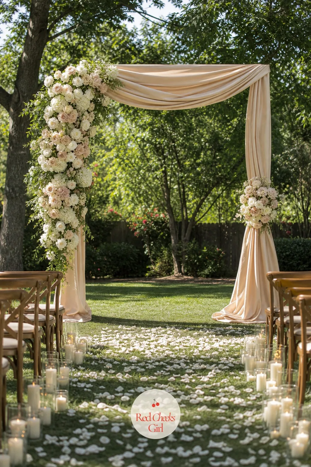 Champagne and Ivory Ceremony Arch — An altar with nothing framing it reads like an afterthought, and the vows get swallowed by the room behind them. Champagne