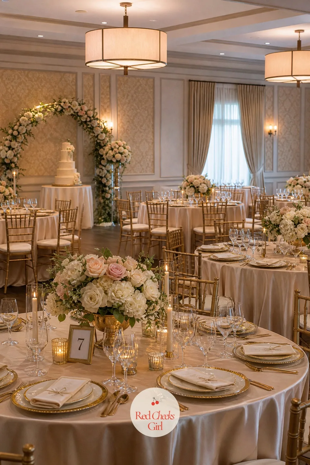 Champagne Satin Tablecloths Across the Room — A room full of mismatched or plain white linen looks like a conference before the florist arrives. Champagne