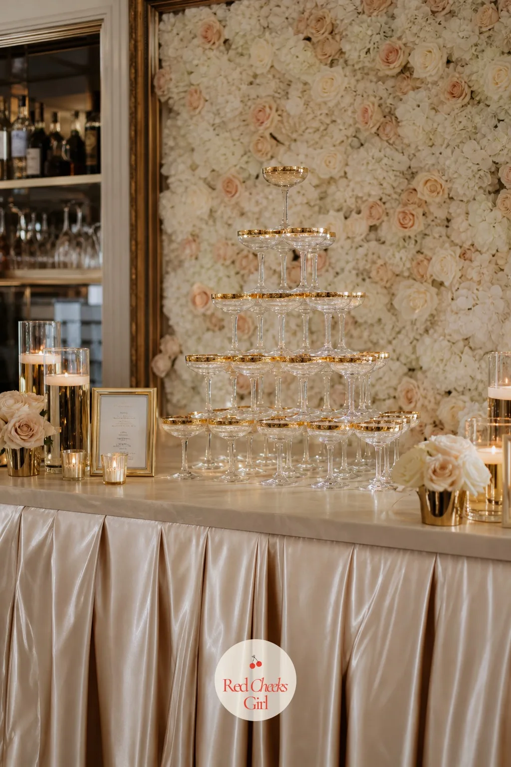Champagne Tower as the Bar Centerpiece — A bar with bottles simply lined up along the back looks functional rather than celebratory. Champagne wedding