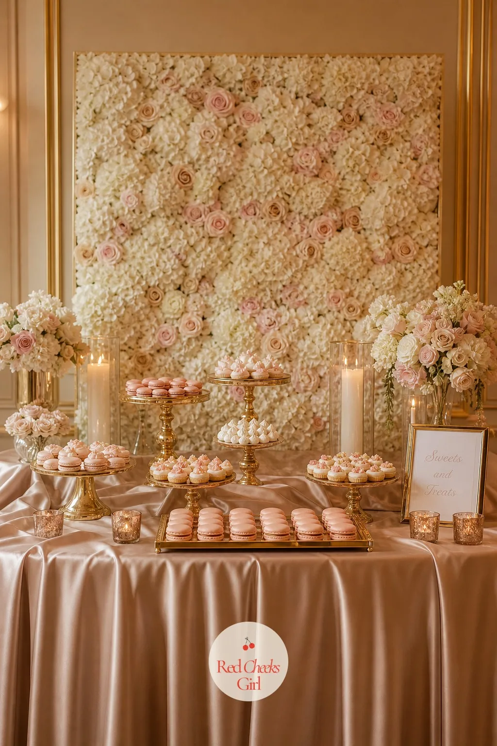 A Dessert Table in Champagne and Blush — A dessert table that is just the cake on its own leaves a gap once the cake cutting photos are done. Champagne wedding