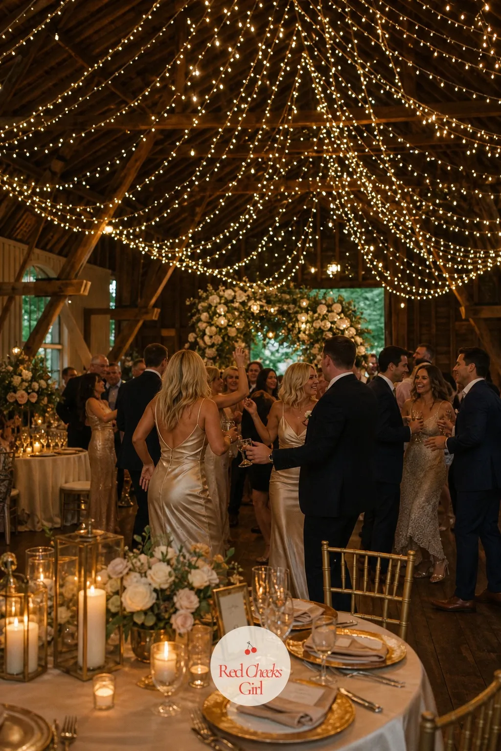A Fairy-Light Canopy Over the Dance Floor — A high ceiling left bare makes even a beautifully set room feel cold the moment the lights go down for dancing.