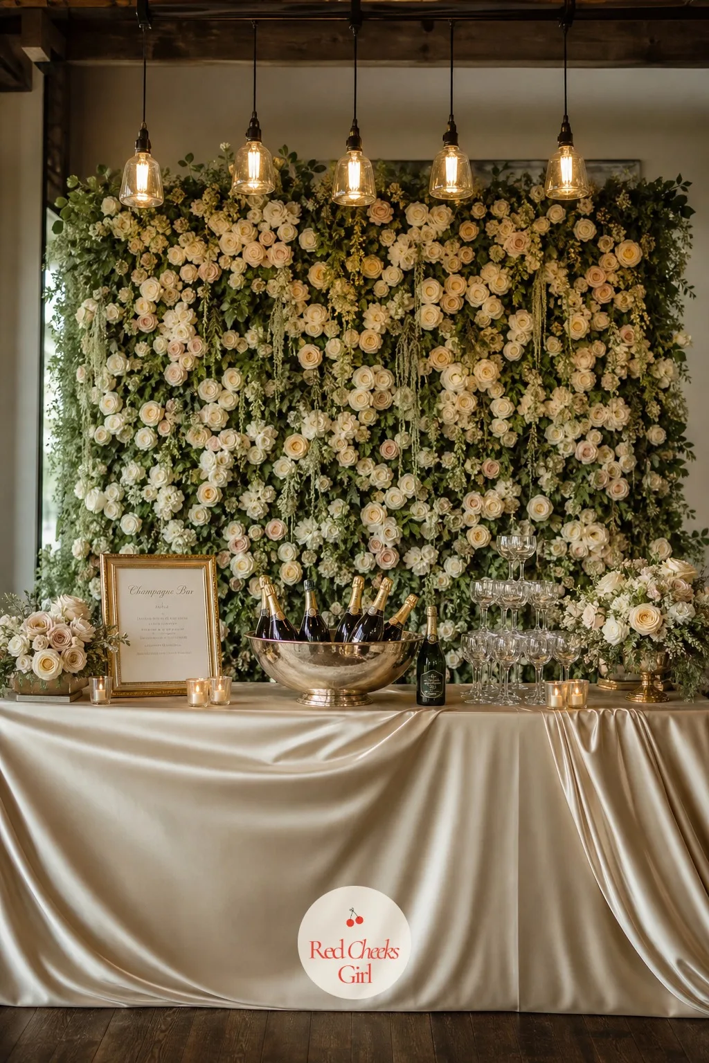 A Floral Wall Behind the Bar — A bare wall behind the bar leaves even a beautifully stocked bar looking like a rented one. Champagne wedding