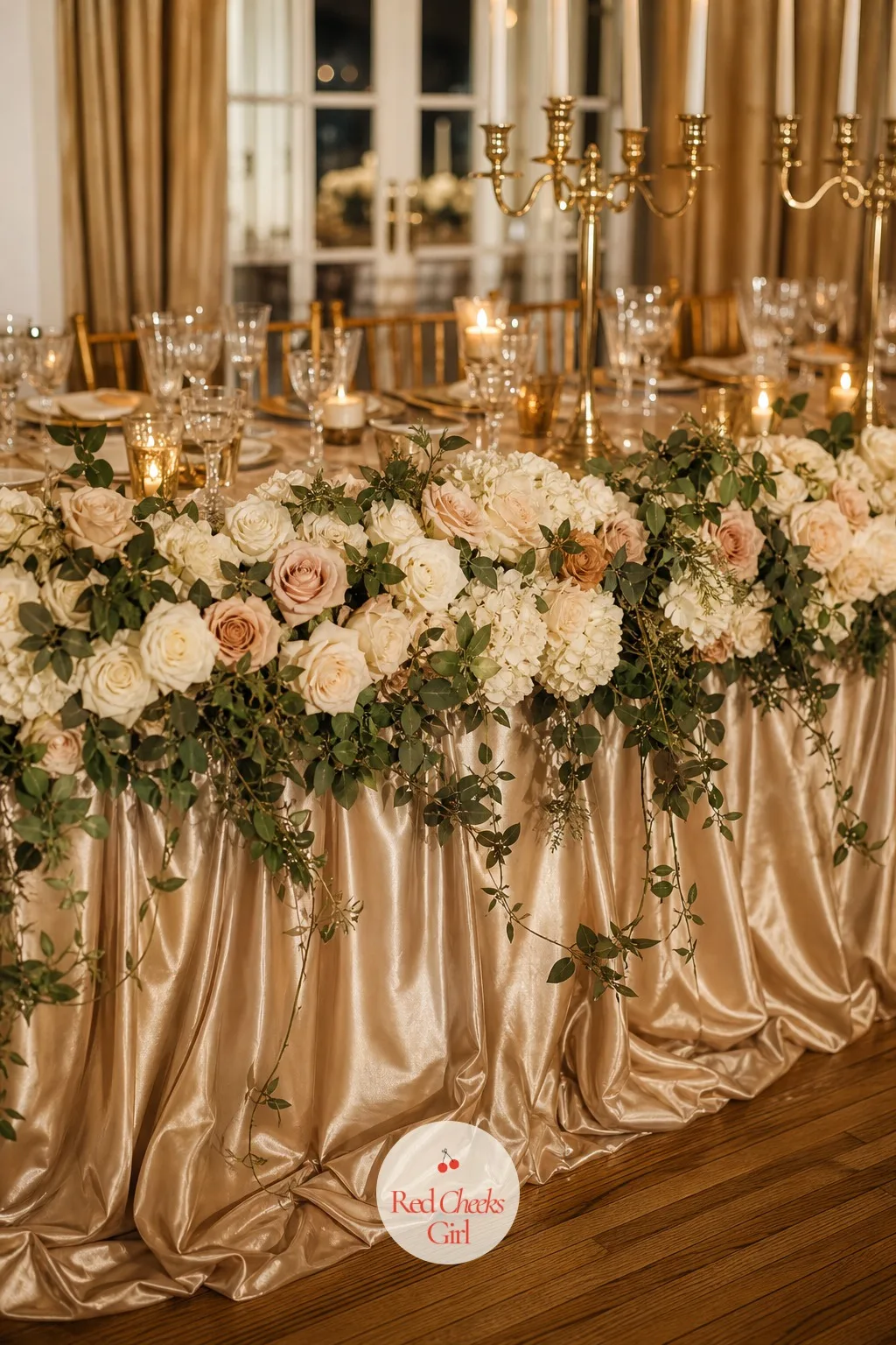 A Garland Along the Head Table Skirt — A head table with nothing below the cloth line looks unfinished from the dance floor, where most guests are actually