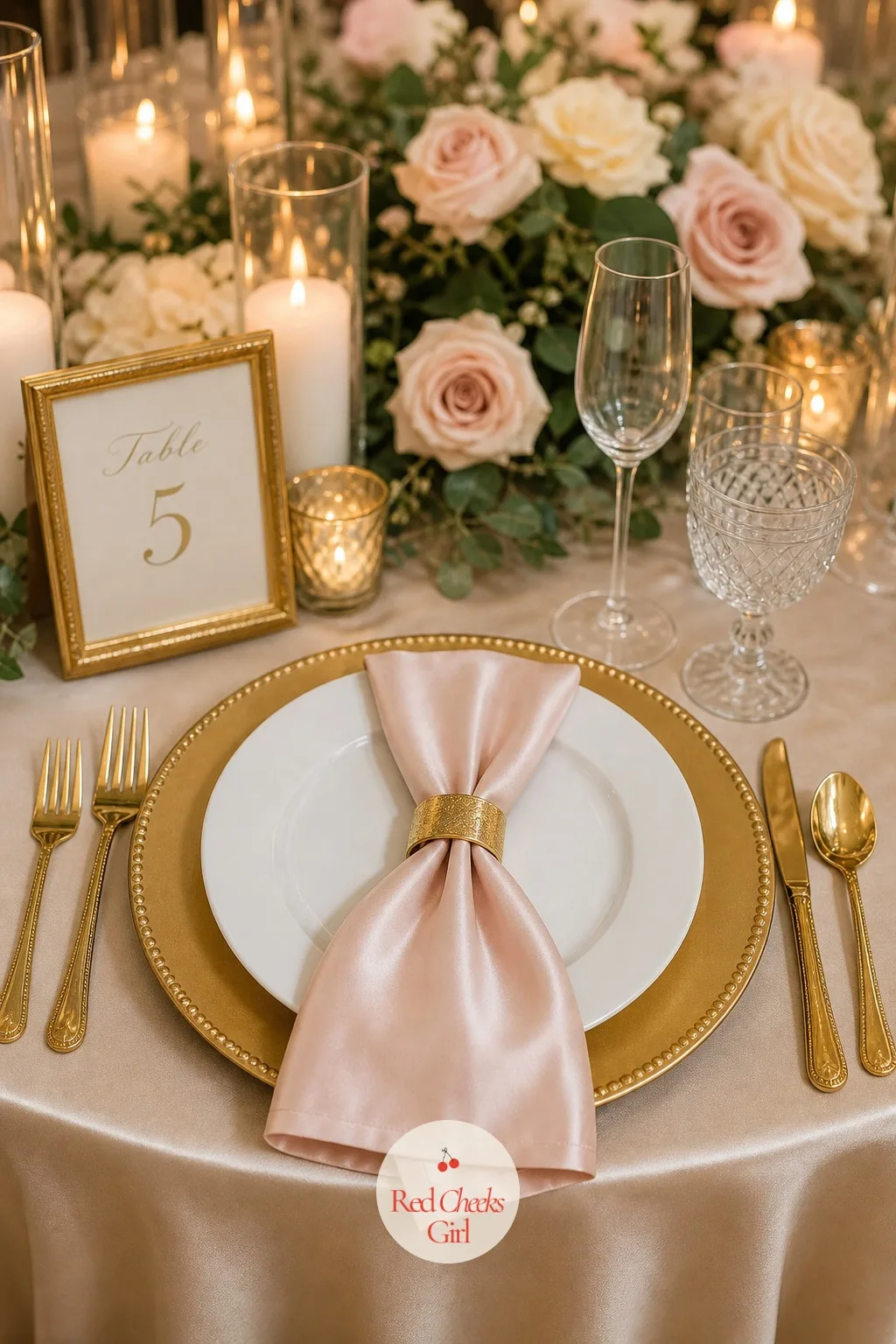 Gold Chargers and Blush Napkins at Every Place — A bare place setting on champagne satin looks half finished, like the table was set in a hurry. Champagne