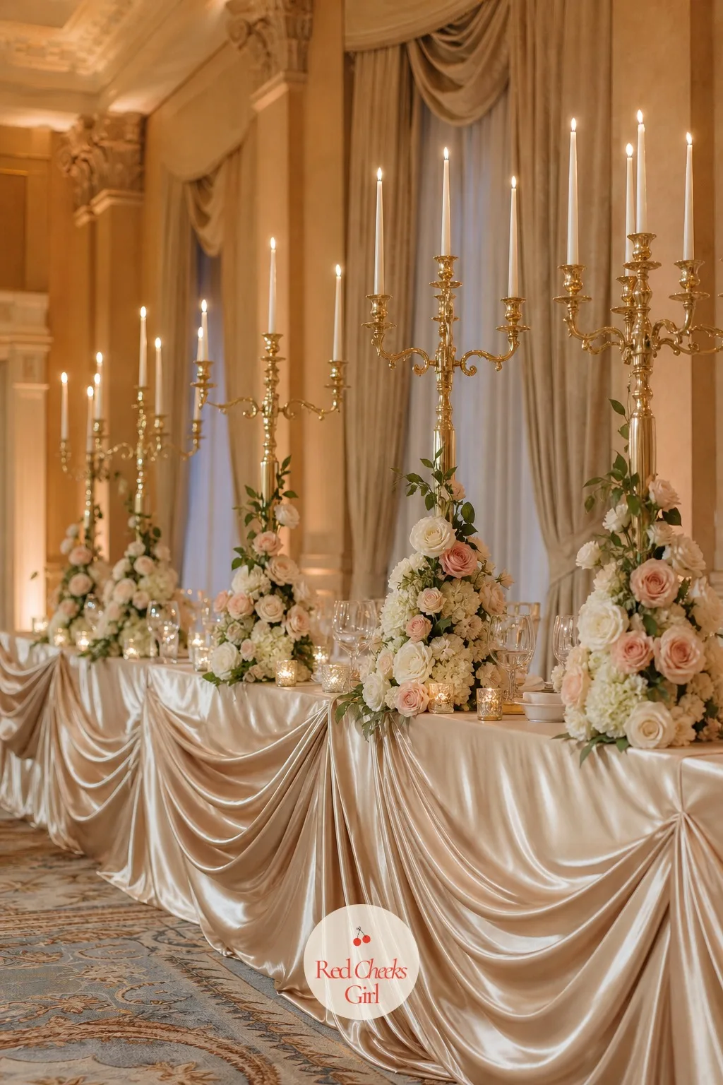 The Head Table with Gold Candelabras — A head table dressed exactly like every other table in the room gets lost in a sea of identical settings. Champagne