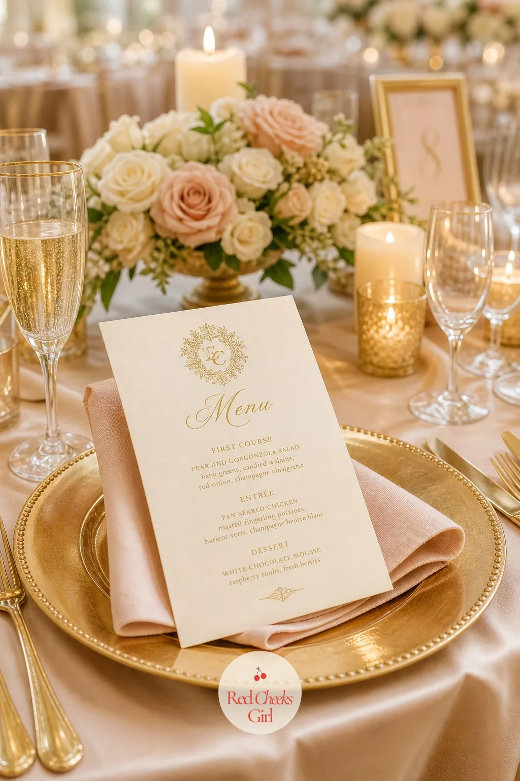 Menu Cards in Champagne and Gold — A place setting with nothing to read leaves guests unsure what is coming or when the speeches start. Champagne wedding