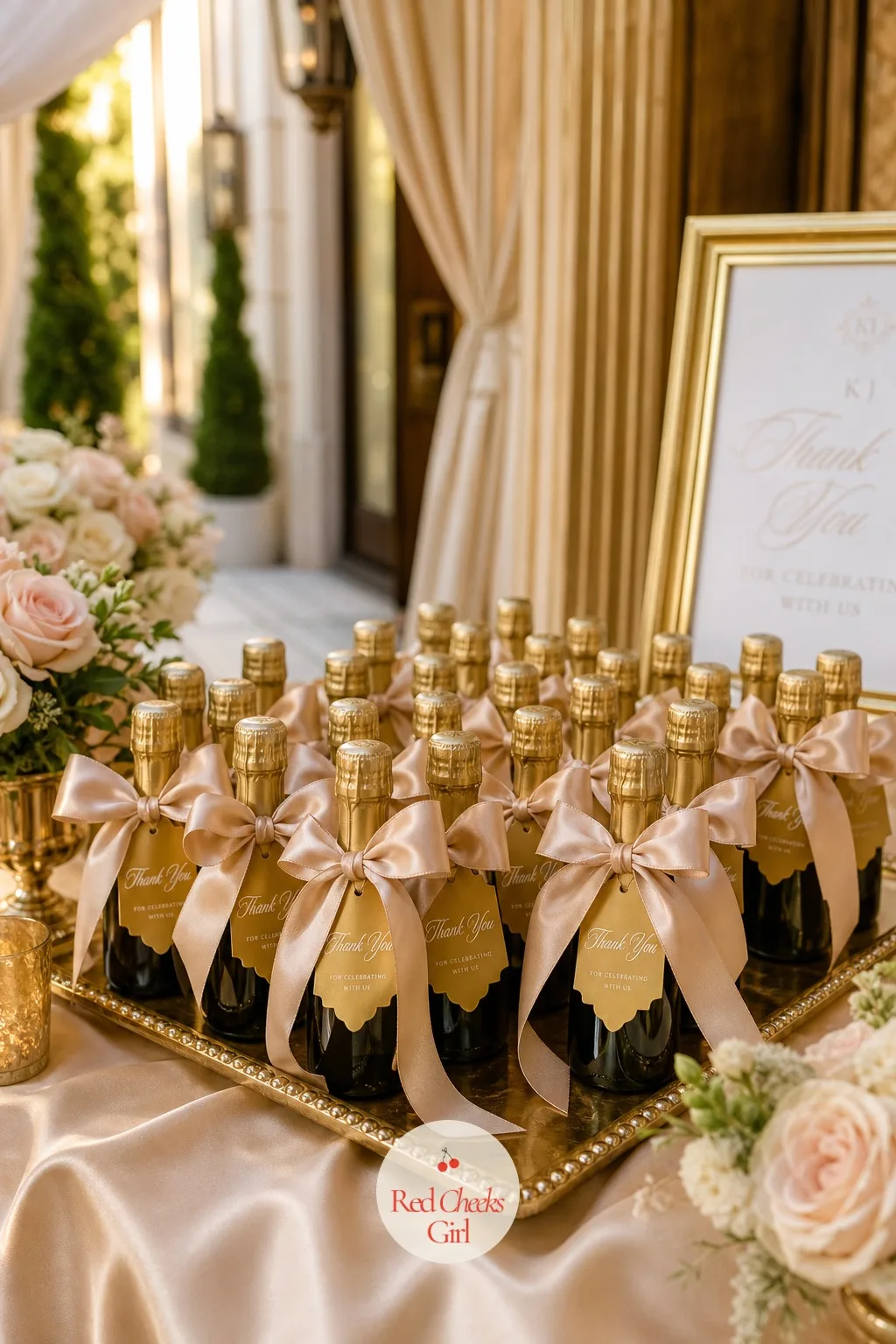 Mini Champagne Bottle Favors — A favour table of identical boxed almonds gets left behind more often than it gets taken home. Champagne wedding