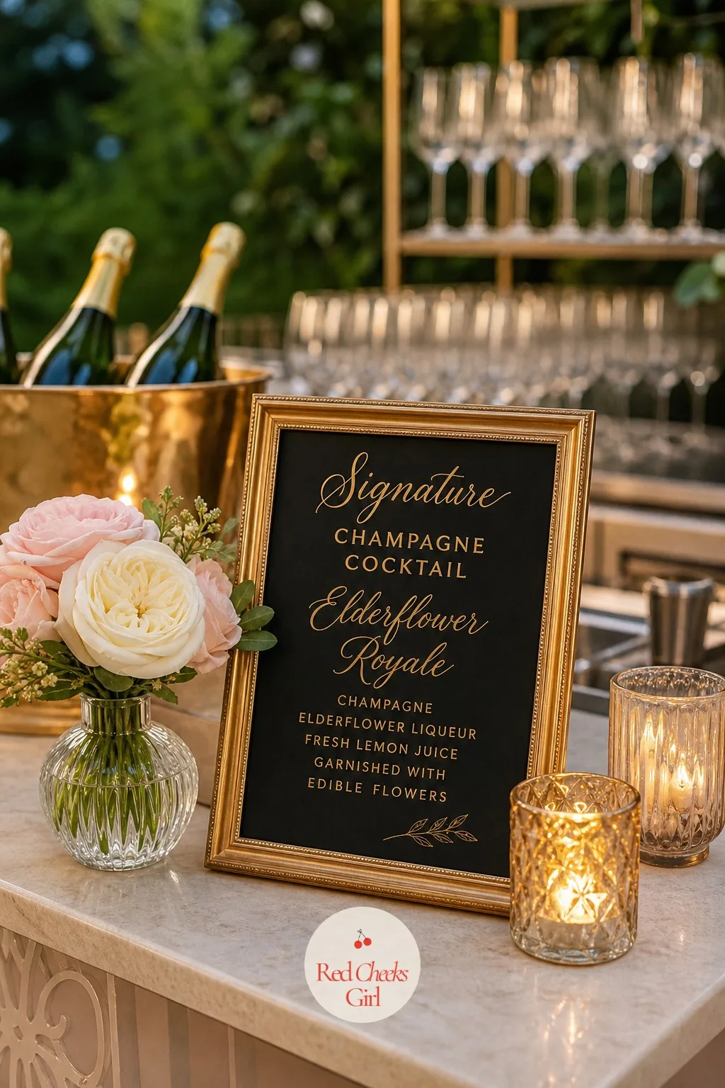 A Signature Champagne Cocktail Board — Guests who do not drink plain champagne need a reason to stop at the bar too, and an unlabelled bottle line up does not
