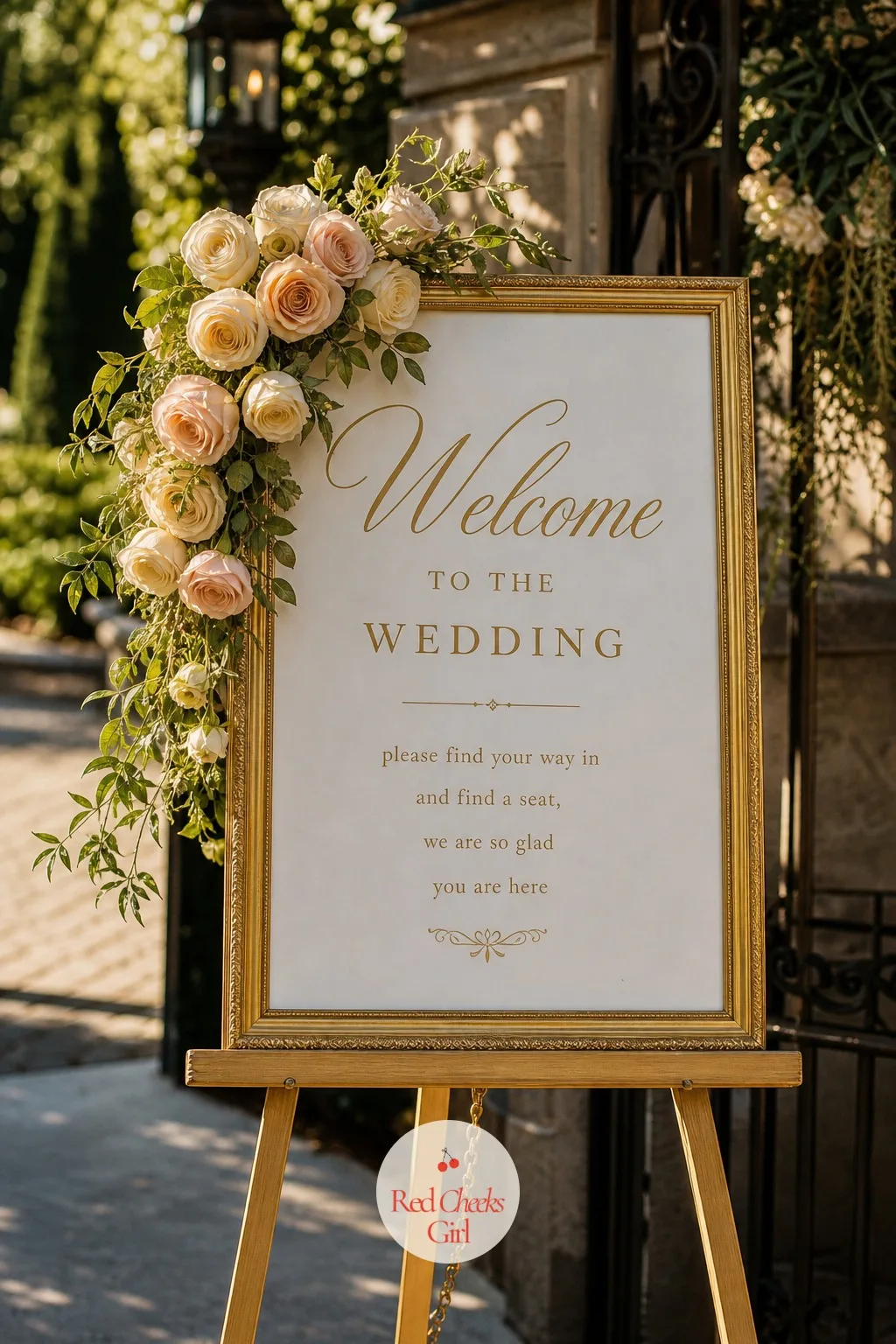 Welcome Sign in Champagne and Gold — Guests arriving to an unmarked door spend the first five minutes unsure if they are even in the right place. Champagne