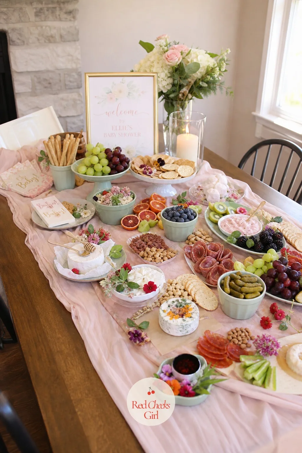 The Baby Shower Grazing Table — Soft colors, soft food, nothing that needs cutting with a knife: that's the brief for a shower table, and it photographs