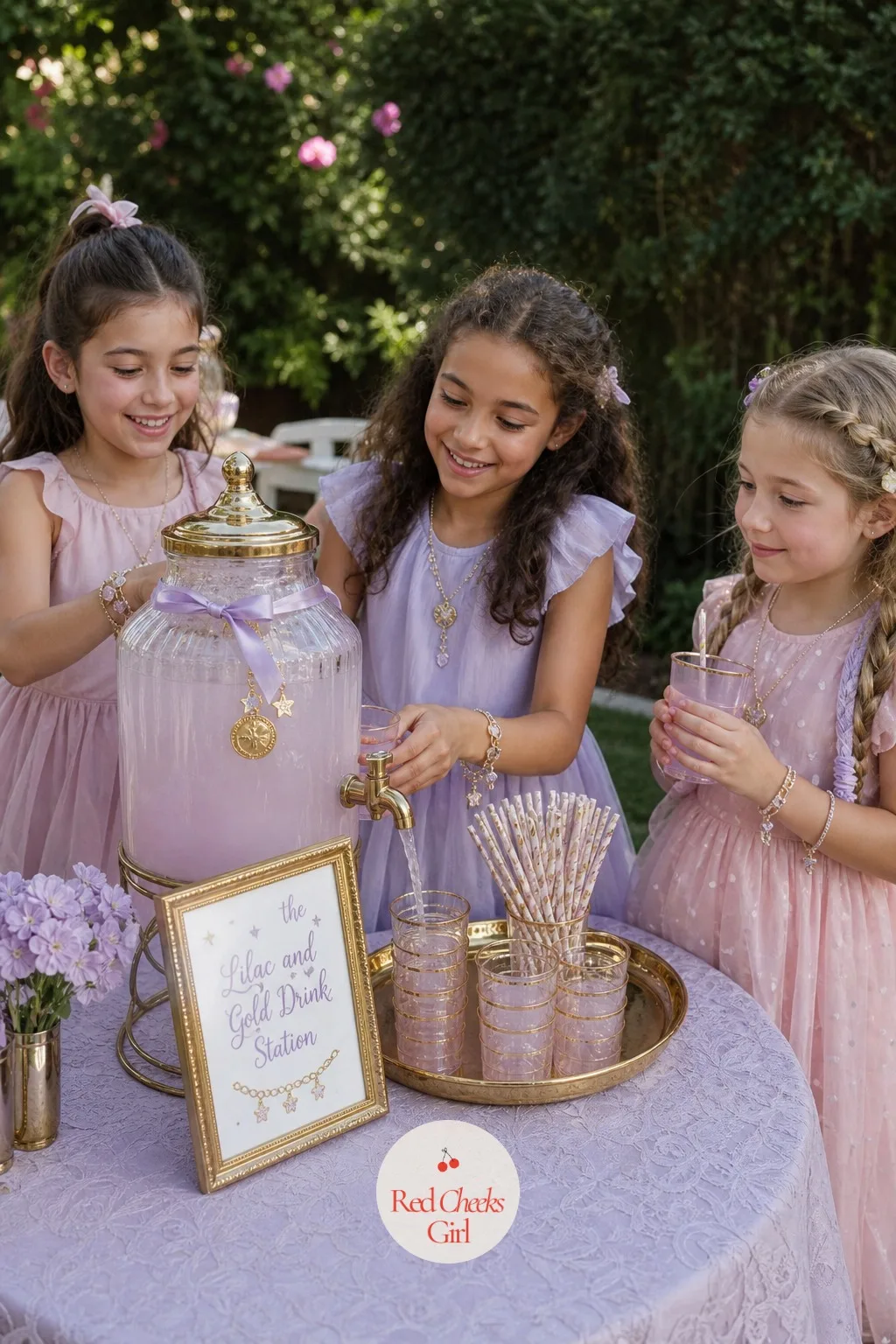 The Lilac and Gold Drink Station — Six excitable girls round a craft table get thirsty fast. Charm bracelet party