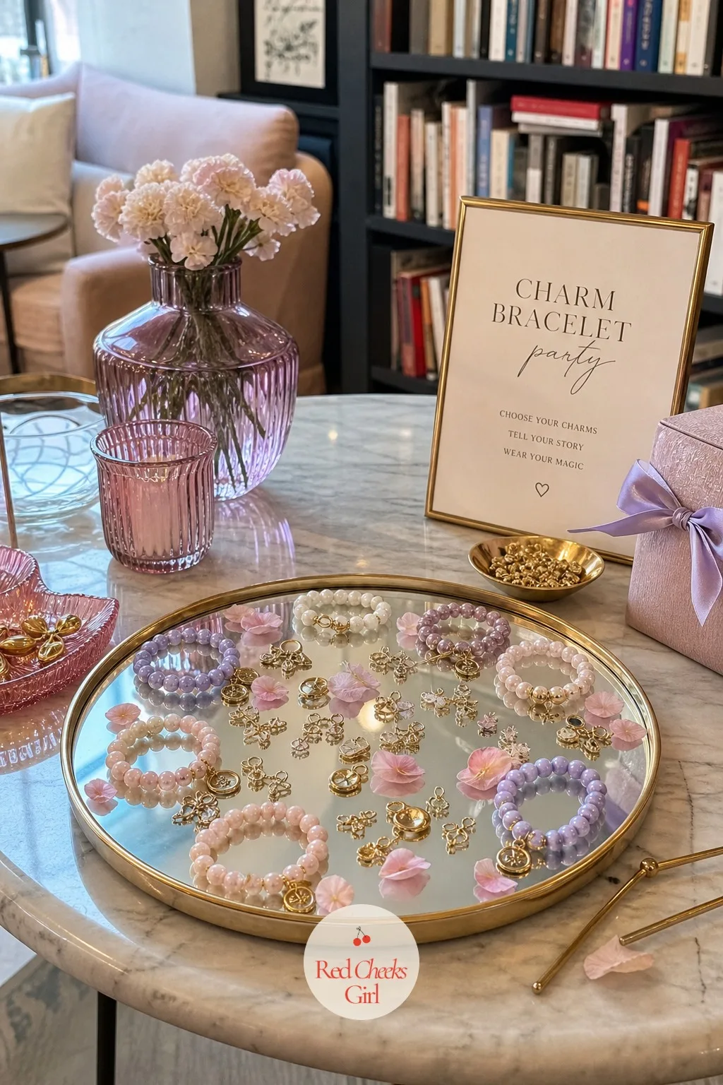 The Mirror Tray Display — A mirror underneath a bracelet doubles it, which is a cheap trick that always photographs well. Charm bracelet party