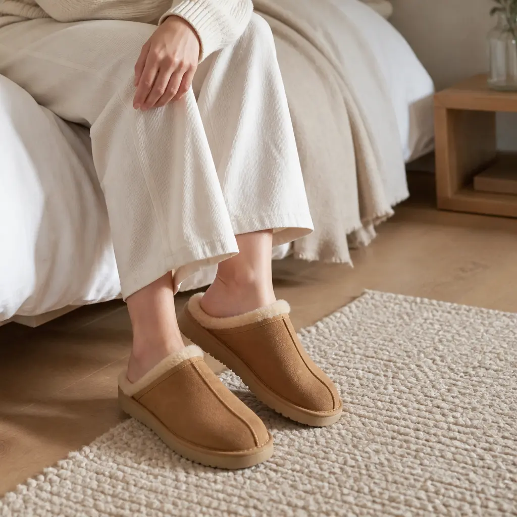 Shearling Slippers — Cold tile first thing in the morning is a genuinely small misery, and these solve it the moment her feet hit the floor. Cheap christmas