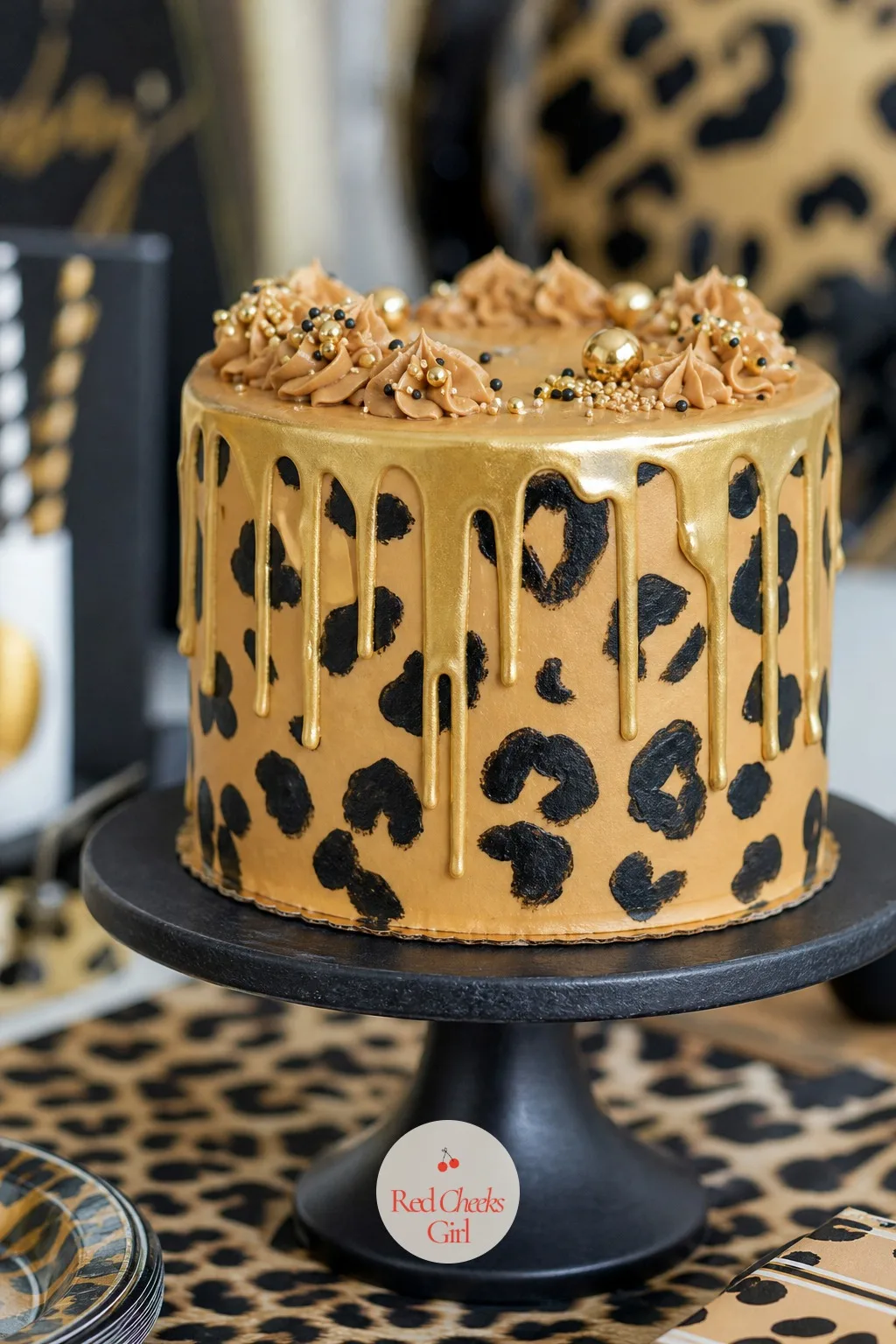 Black and Gold Cheetah Drip Cake — The cake carries more weight than any other single object on the table, so it is worth getting the spots right rather than