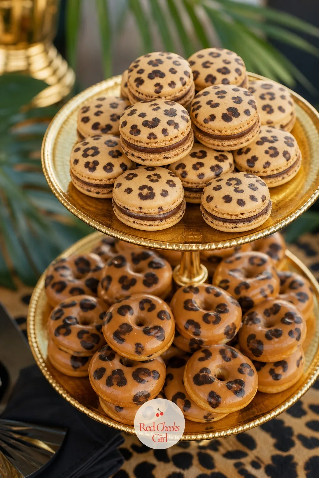 Leopard Print Donut and Macaron Tower — The dessert wall covers variety. Cheetah print birthday party ideas
