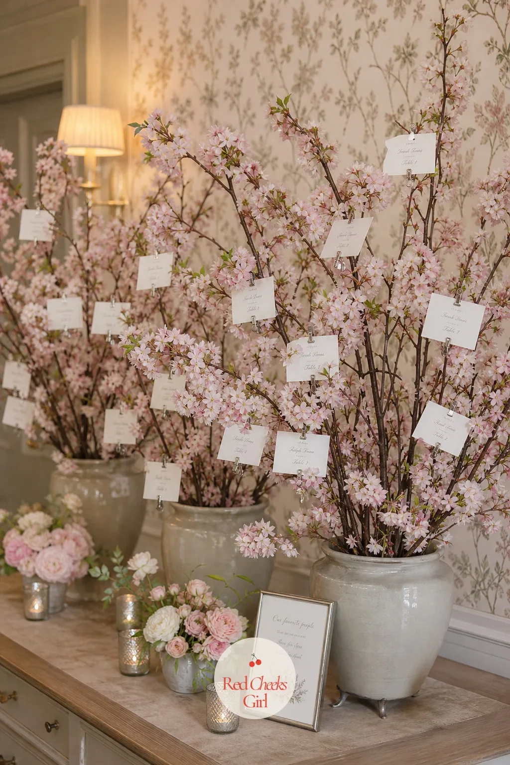 A Blossom Branch Escort Card Display — Before guests find their seats, they stop at a small grouping of branches near the entrance, cards clipped on at