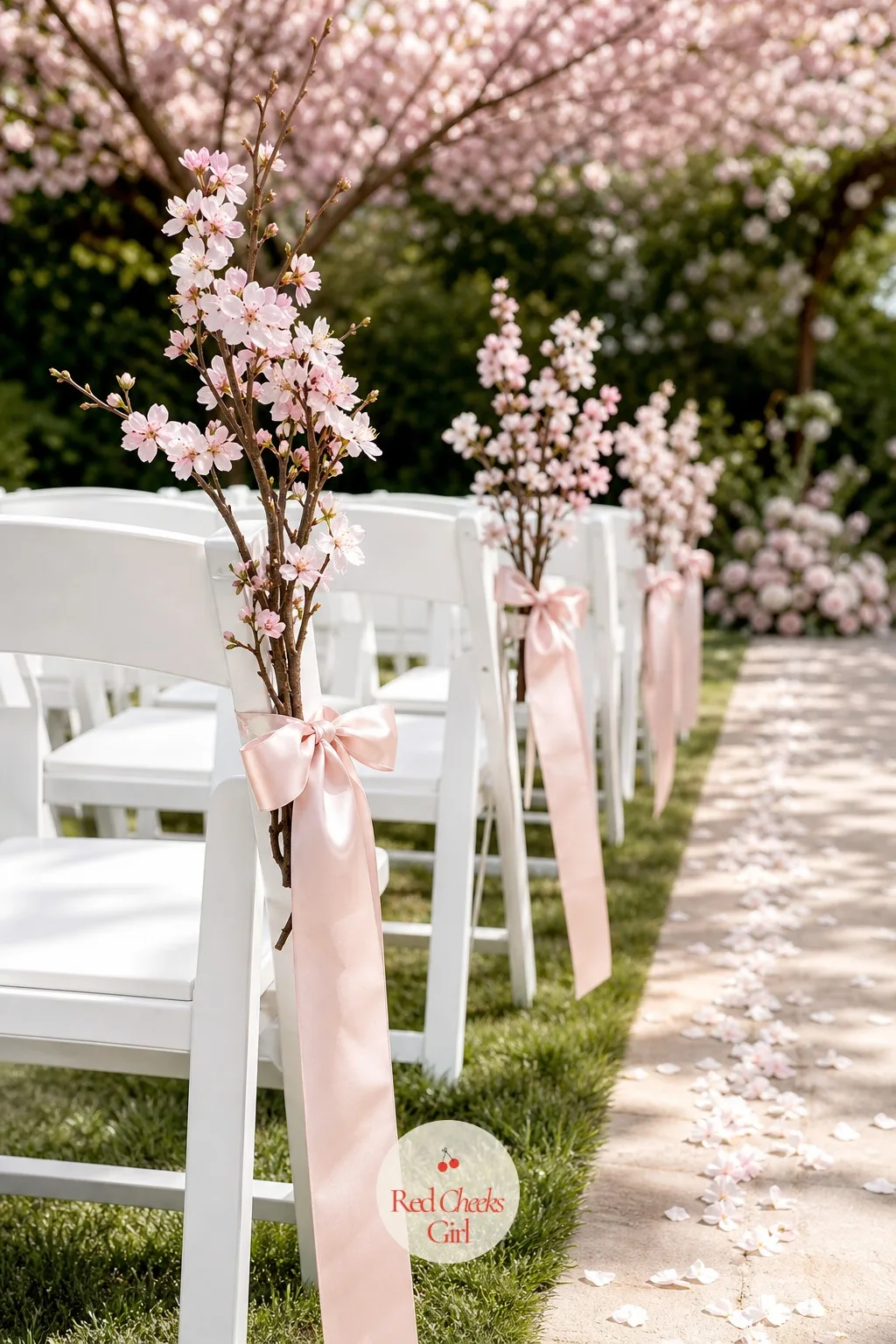 Blossom Branch Pew Markers — Instead of the usual ribbon bow on every other chair, a small blossom spray sits at the end, light enough that it does not need