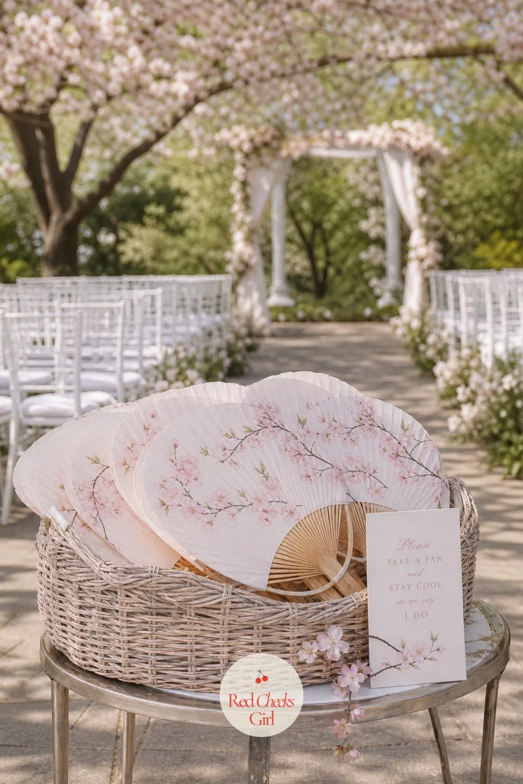 Blossom Fan Ceremony Programs — Before the ceremony starts, guests find a basket at the entrance holding small paper fans, useful if the afternoon runs warm