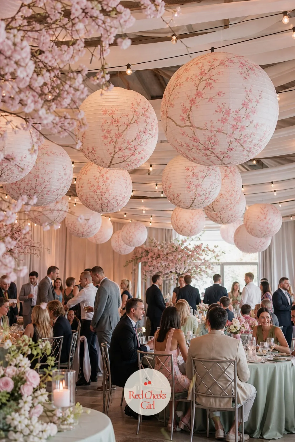 Blossom-Print Paper Lanterns — Once the sun goes down, the room needs its own soft light, and paper lanterns printed with a blossom branch pattern do it