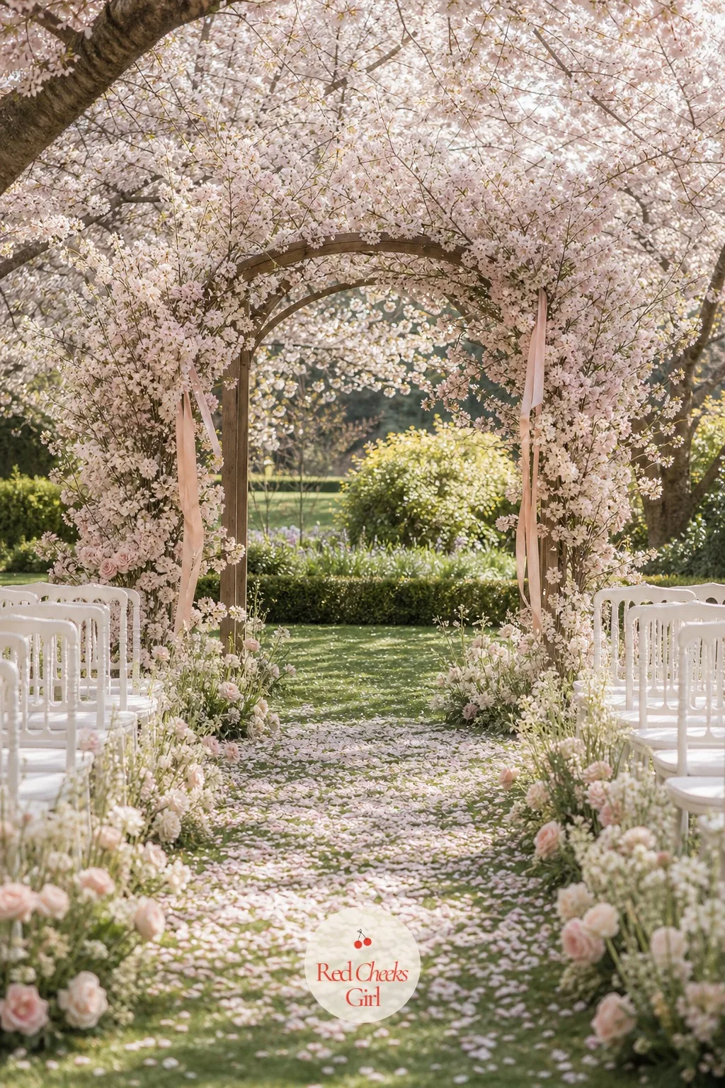 Cherry Blossom Arch Over the Aisle — Guests walk in and the first thing they see is not a backdrop, it is a tunnel. Cherry blossom wedding