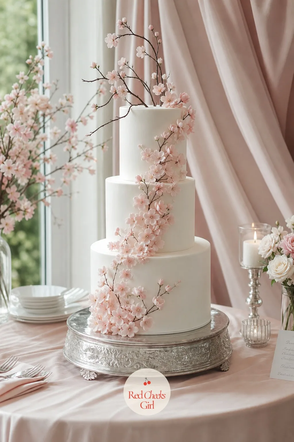 Cherry Blossom Cake With Sugar Branches — The cake stands as its own small centerpiece, white and quiet until you notice the branch climbing up one side of it