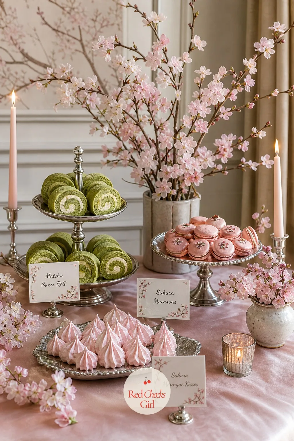 Matcha and Sakura Dessert Table — Beside the cake, a smaller table carries the flavour side of the theme, green and pink treats set out at a few different